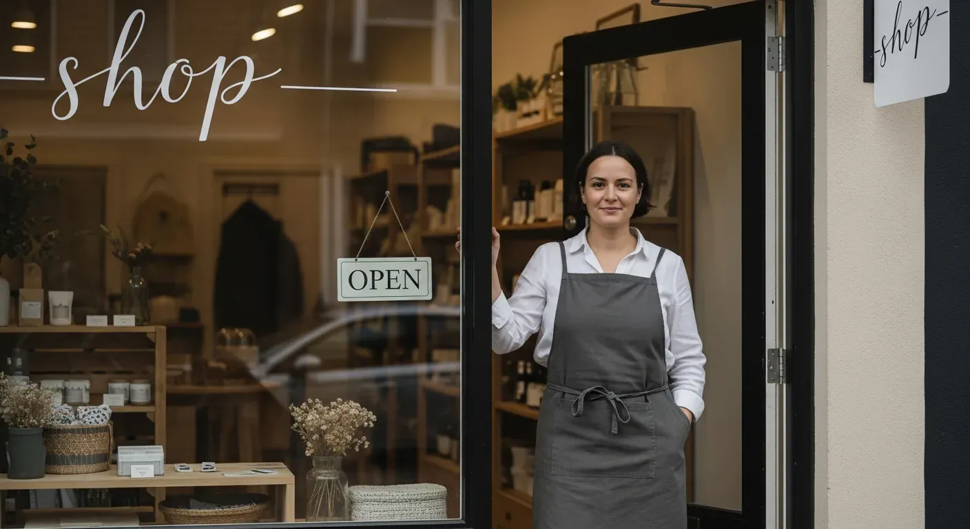 A local business owner in front of their storefront