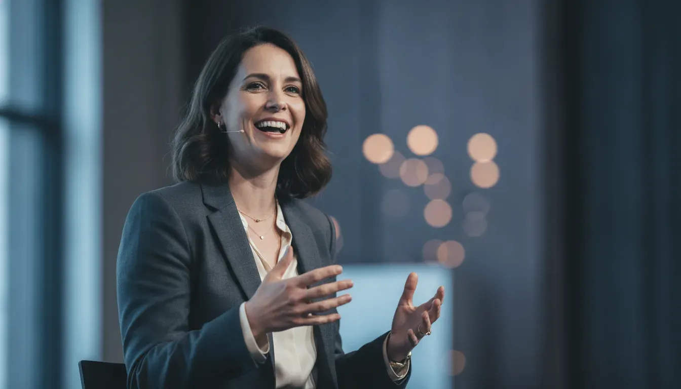 A confident founder mid-conversation on stage