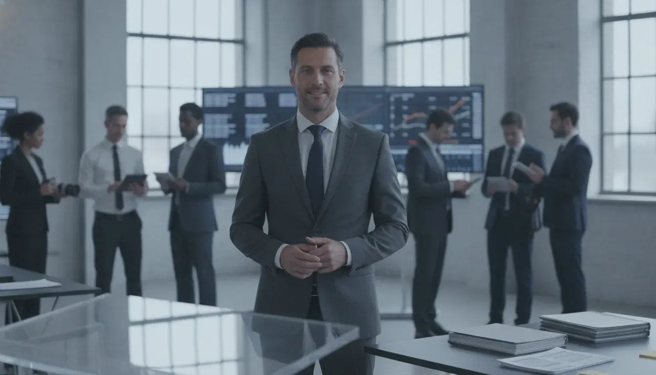 A confident professional in a modern editorial environment